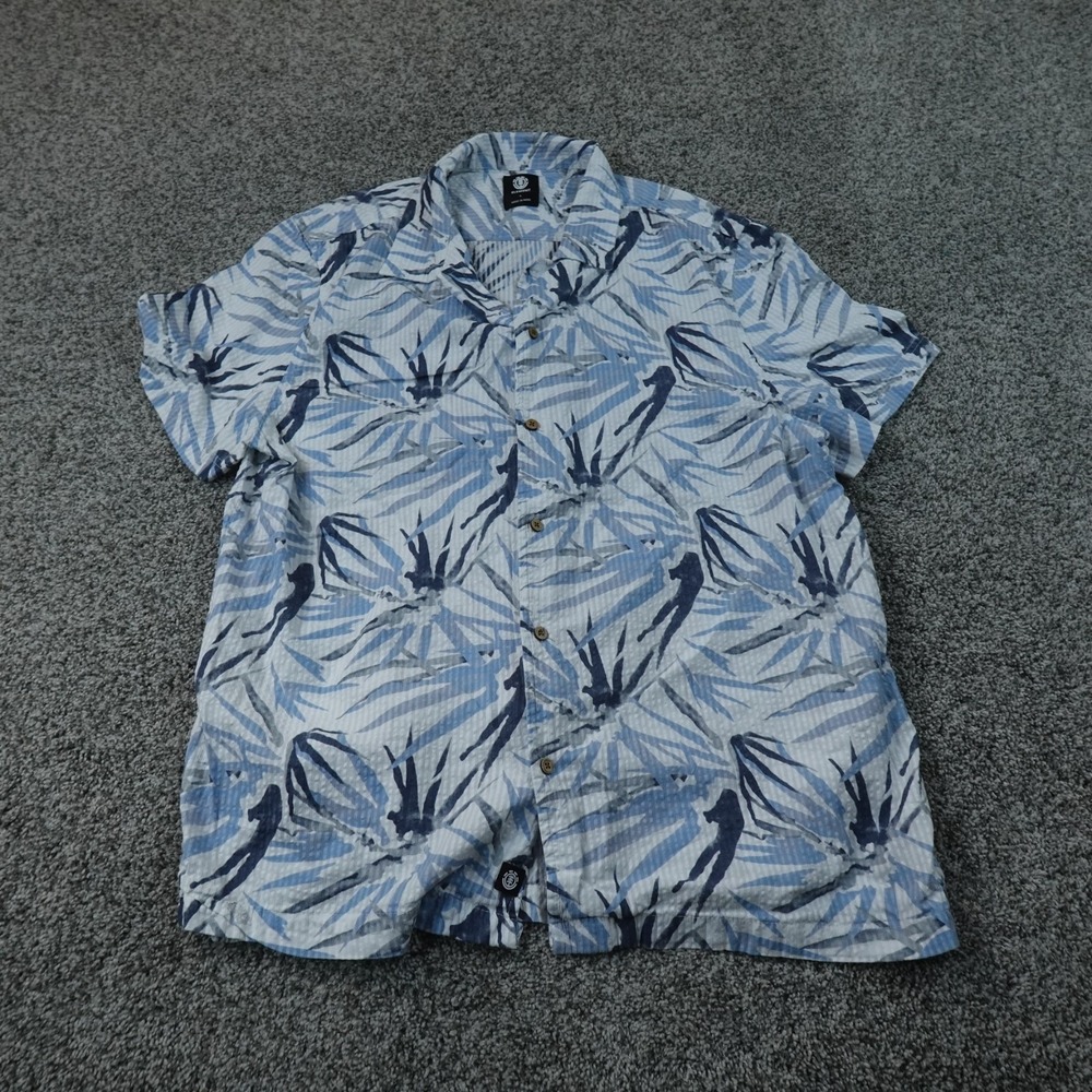 Element Shirt Mens L Blue White Seersucker Tropical Palm Print Hawaiian Camp Top